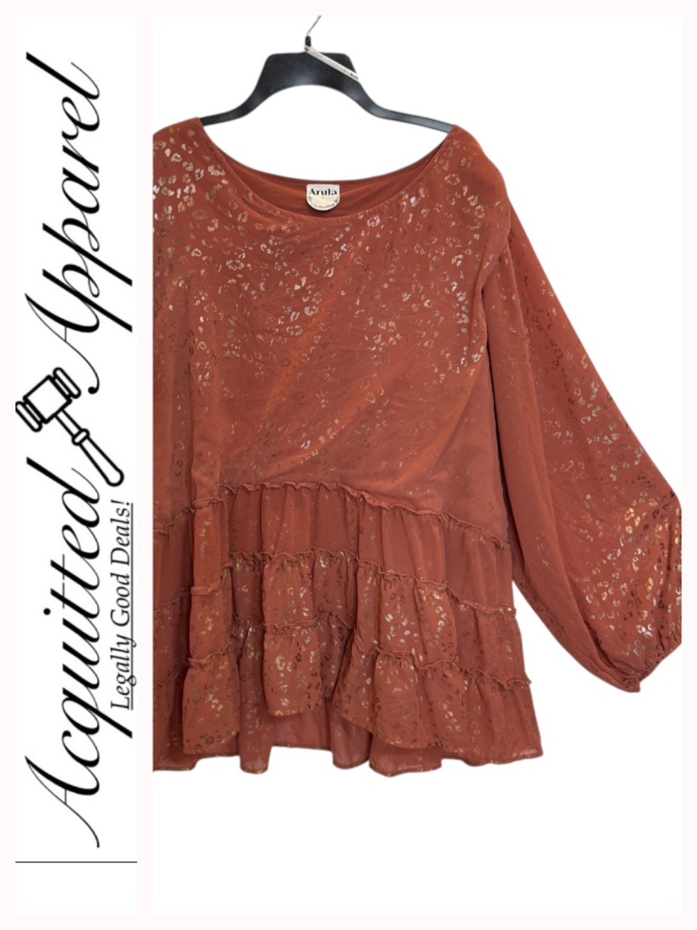 ARULA Boho Top Gold Silver Metallic Foil Ruffle Blouse